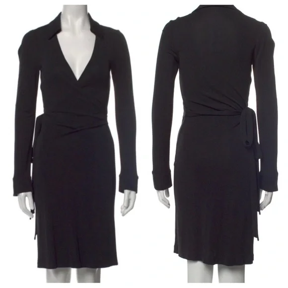 Diane Von Furstenburg New Jeanne Two Black Crepe Wrap Tie Plunge Dress Sz Xs-Sm - Picture 1 of 15